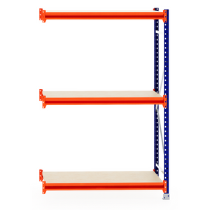 RackZone Longspan Shelving 600mm Laminated Timber Extender, orange/blue frame.