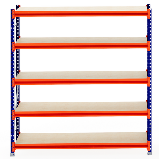 RackZone Longspan Shelving Starter, 600mm deep, orange beams, timber shelves.