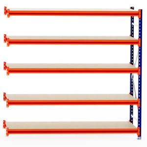 RackZone Longspan Shelving Extender, 600mm, laminated timber, orange beams.