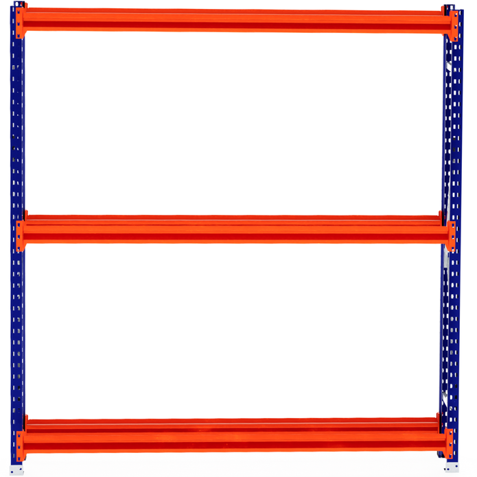RackZone Tyre Racking 400mm Depth Starter, blue frame, orange beams, 3 tiers.