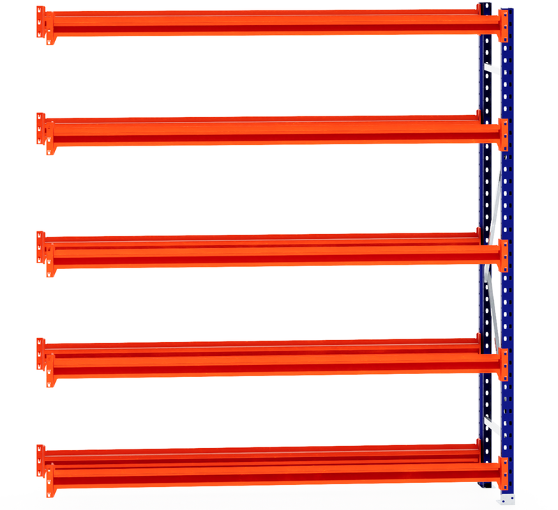 Six orange shelves on blue support—RackZone Tyre Racking 400mm Depth Extender.