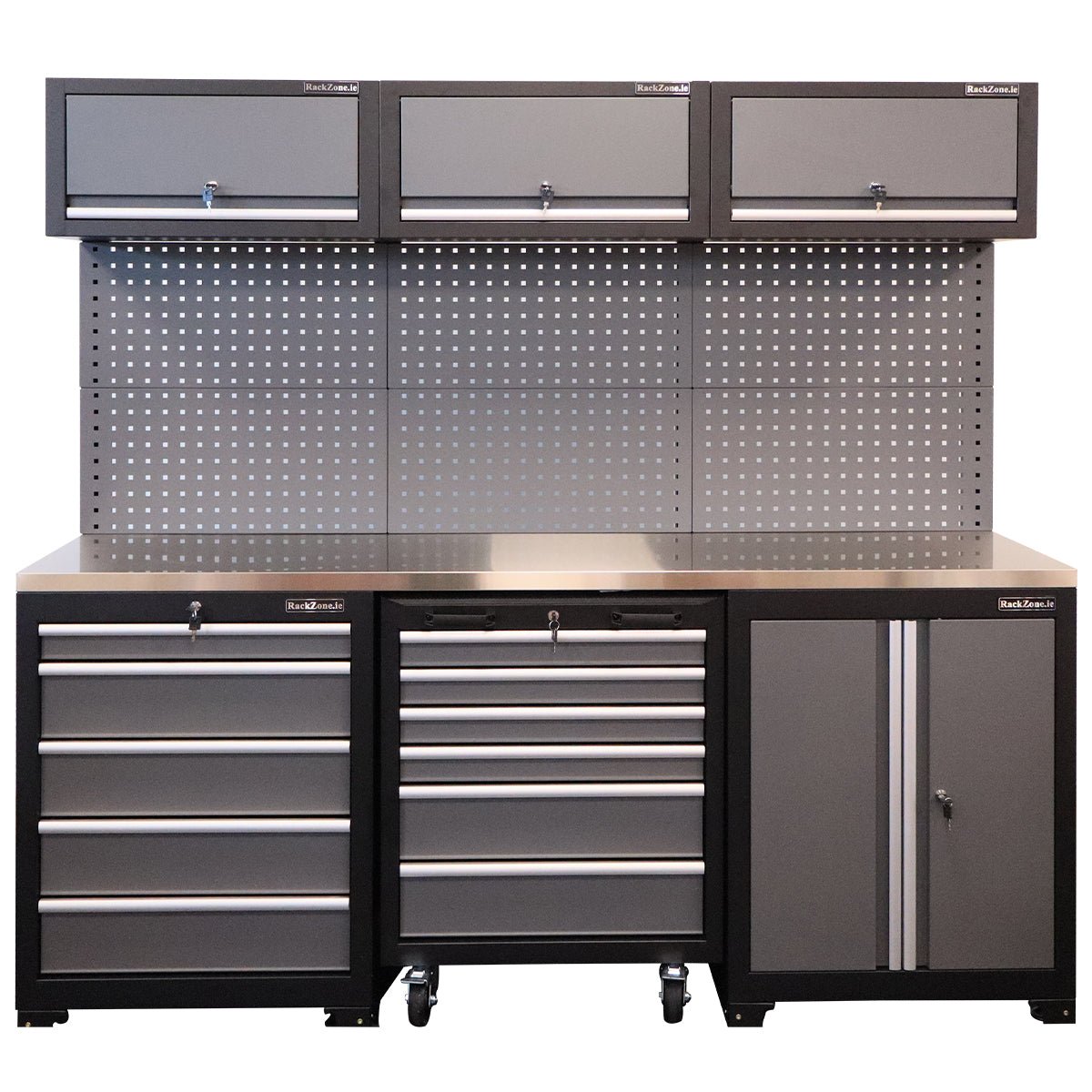 RackZone Modular Workstation System 1: gray metal cabinet with drawers, pegboard.