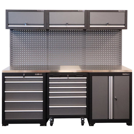 RackZone Modular Workstation System 1: gray metal cabinet with drawers, pegboard.
