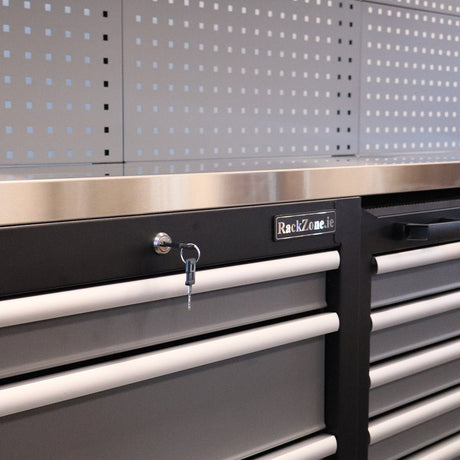 Close-up of locked RackZone Modular Workstation System 1 with drawers.