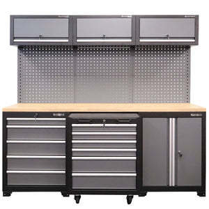 RackZone Modular Workstation System 1: gray/black workbench, floor cabinet.