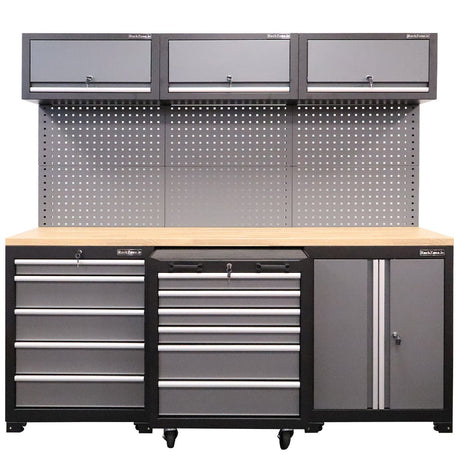 RackZone Modular Workstation System 1: gray/black workbench, floor cabinet.