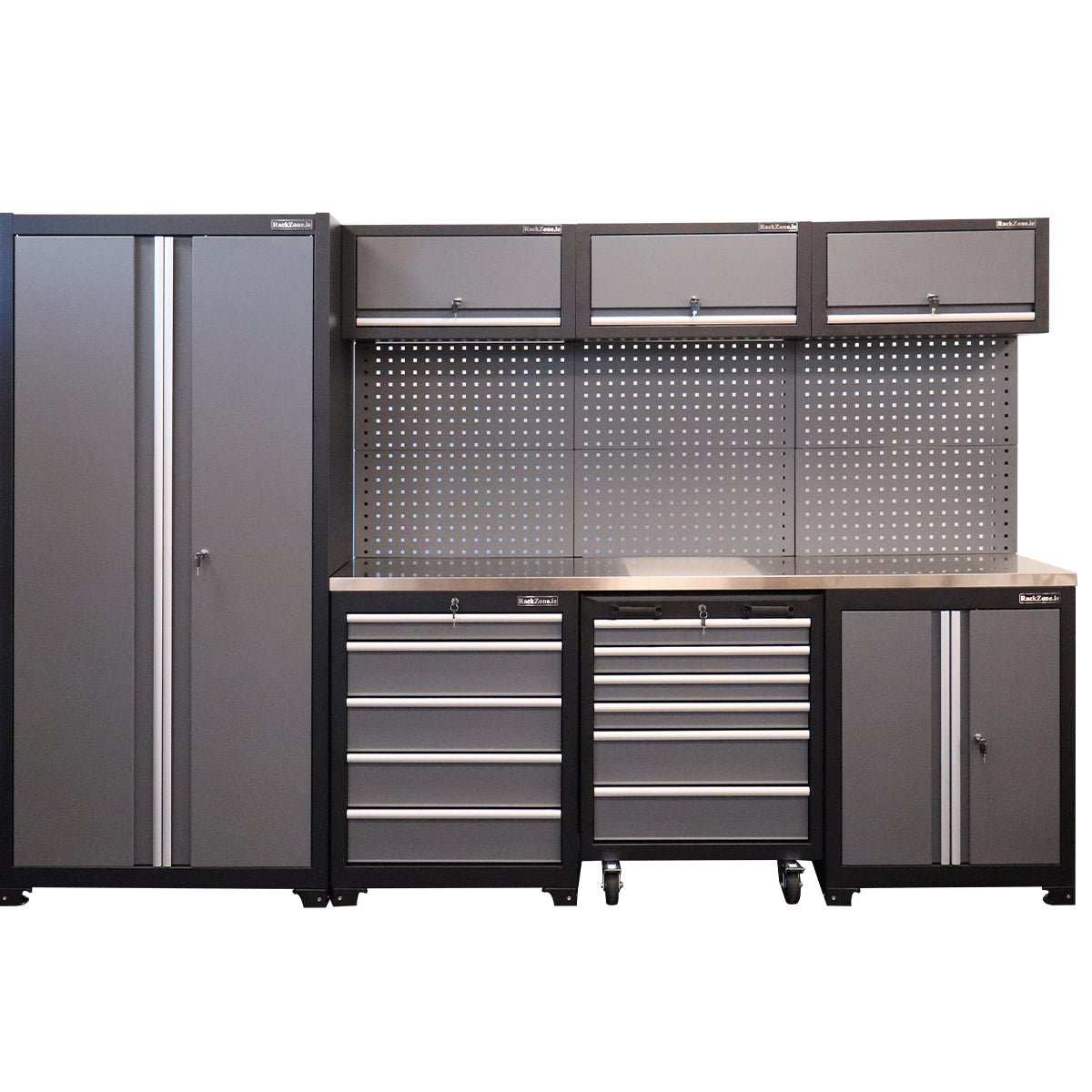 RackZone Modular Workstation System 3: gray/black cabinets with pegboard and slides.