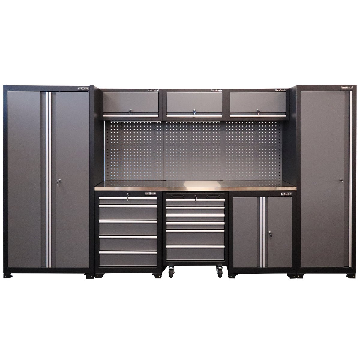 RackZone Modular Workstation System 4: gray metal cabinet with drawers and pegboard.