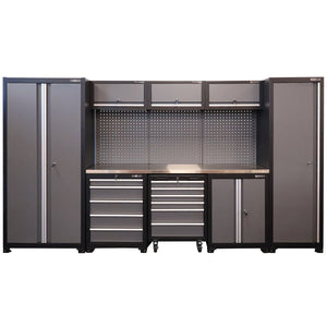 RackZone Modular Workstation System 4: gray metal cabinet with drawers and pegboard.