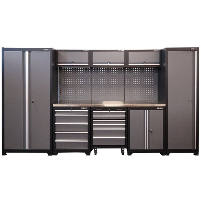 RackZone Modular Workstation System 4: gray metal cabinet with drawers and pegboard.