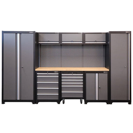 RackZone Modular Workstation System 4: gray cabinet with slides, wood top.