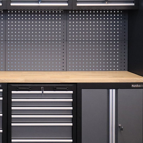 RackZone Modular Workstation System 4: gray cabinet with wood top and slides.