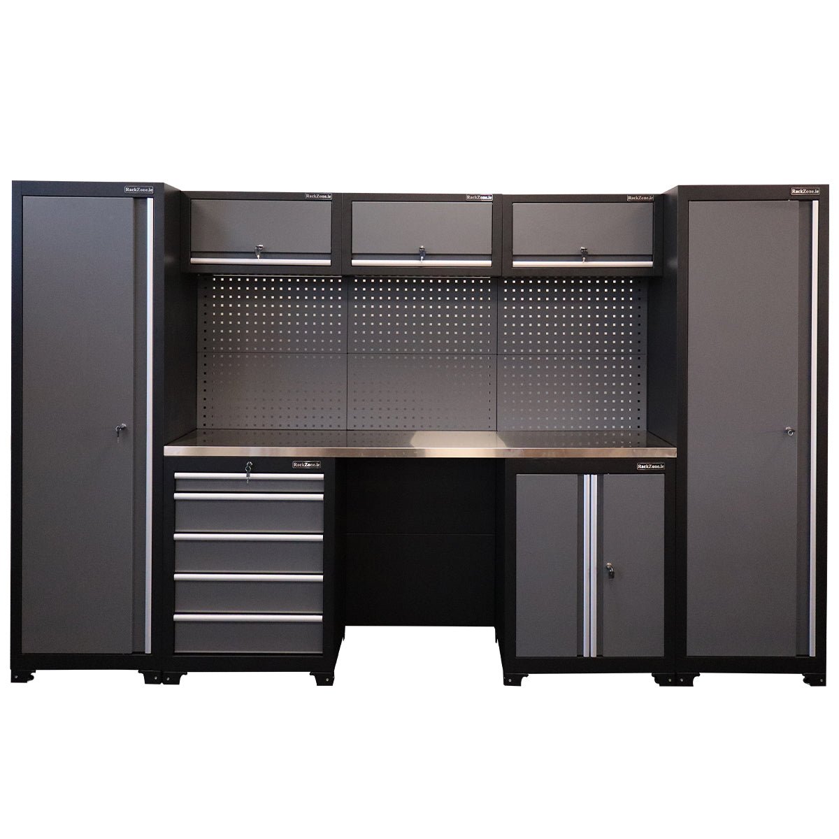 RackZone Modular Workstation System 5: gray/black cabinet with slides, pegboard.