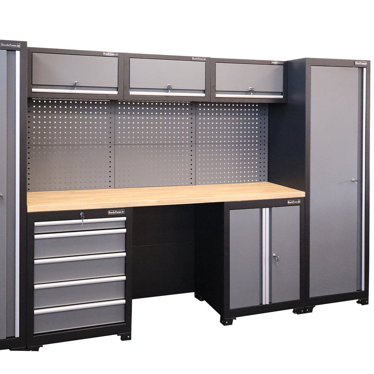 RackZone Modular Workstation System 5 with black/gray cabinet, ball bearing slides.