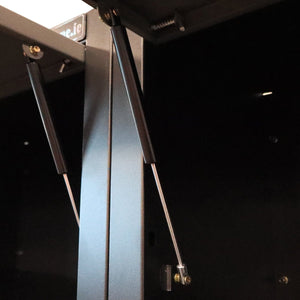 RackZone Modular Workstation System 5 has two gas struts and wide-opening black doors.