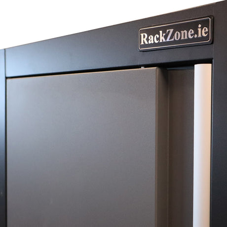 A close-up of the Modular Workstation System 5 by RackZone with branded label.