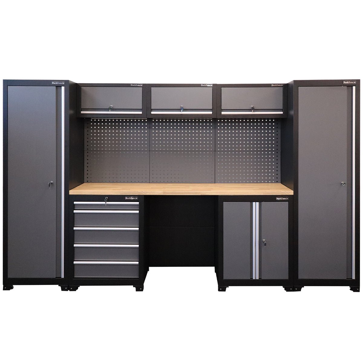 RackZone Modular Workstation System 5 with pegboard, drawers, and cabinets.