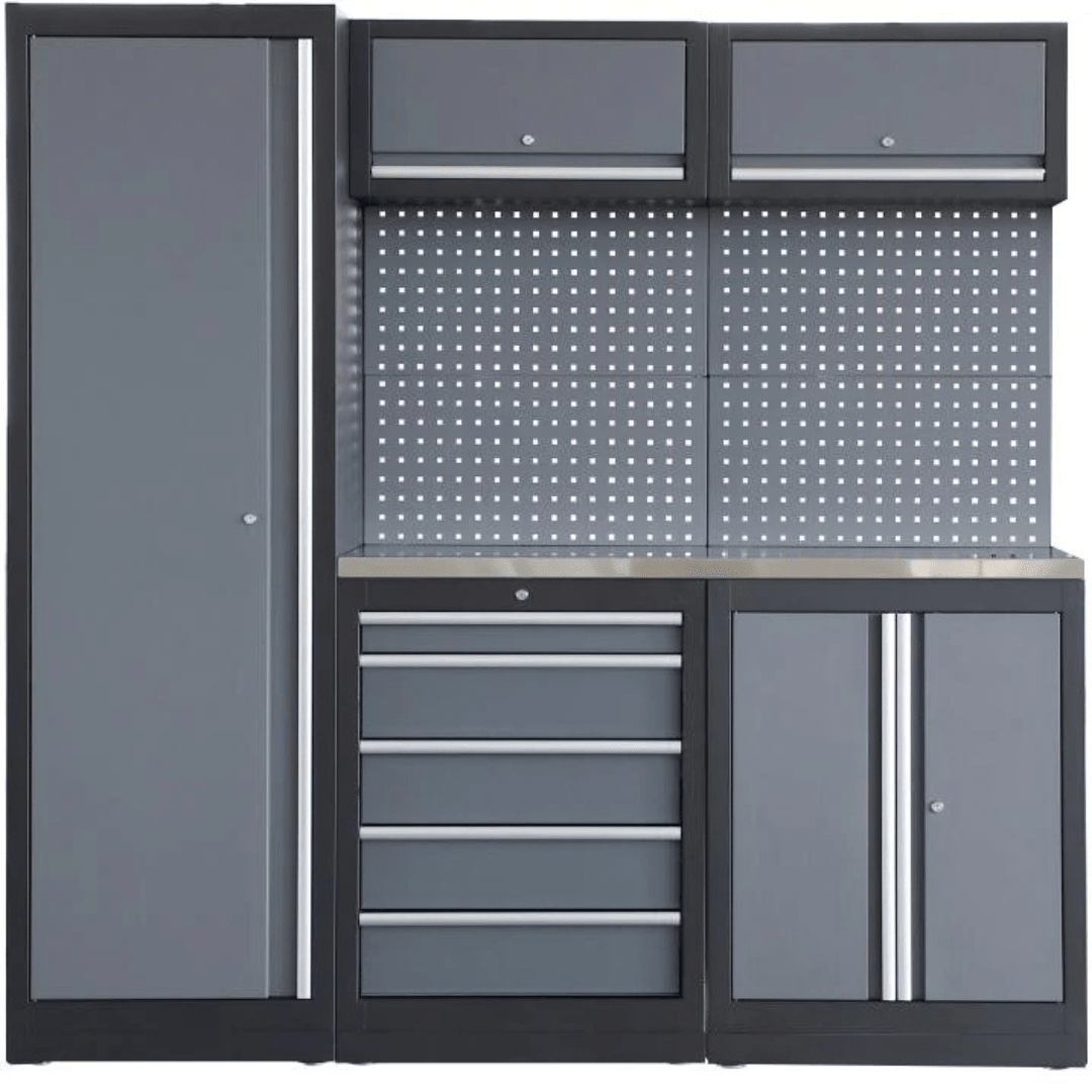 RackZone Modular Workstation System 6: gray metal cabinet, drawers, shelves, pegboard.