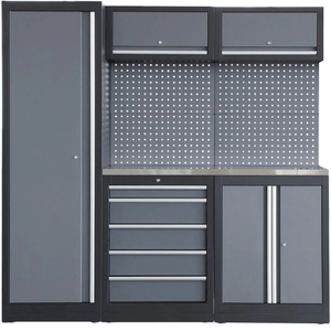 RackZone Modular Workstation System 6: gray metal cabinet, drawers, shelves, pegboard.