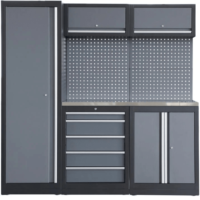 RackZone Modular Workstation System 6: gray metal cabinet, drawers, shelves, pegboard.
