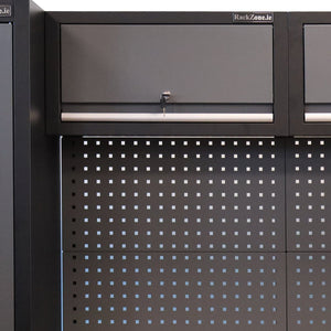 RackZone Modular Workstation System 6: gray cabinet, ball bearing slides, lock.