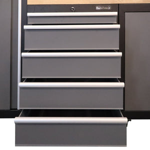RackZone Modular Workstation System 7 has four gray stainless steel drawers.