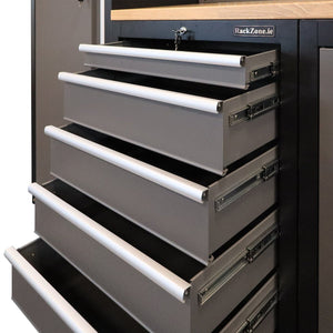 Five open drawers in the RackZone Modular Workstation System 7 cabinet.