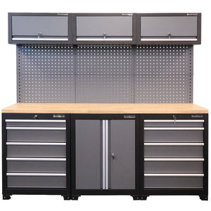 RackZone Modular Workstation System 7 with drawers, shelves, and pegboard.