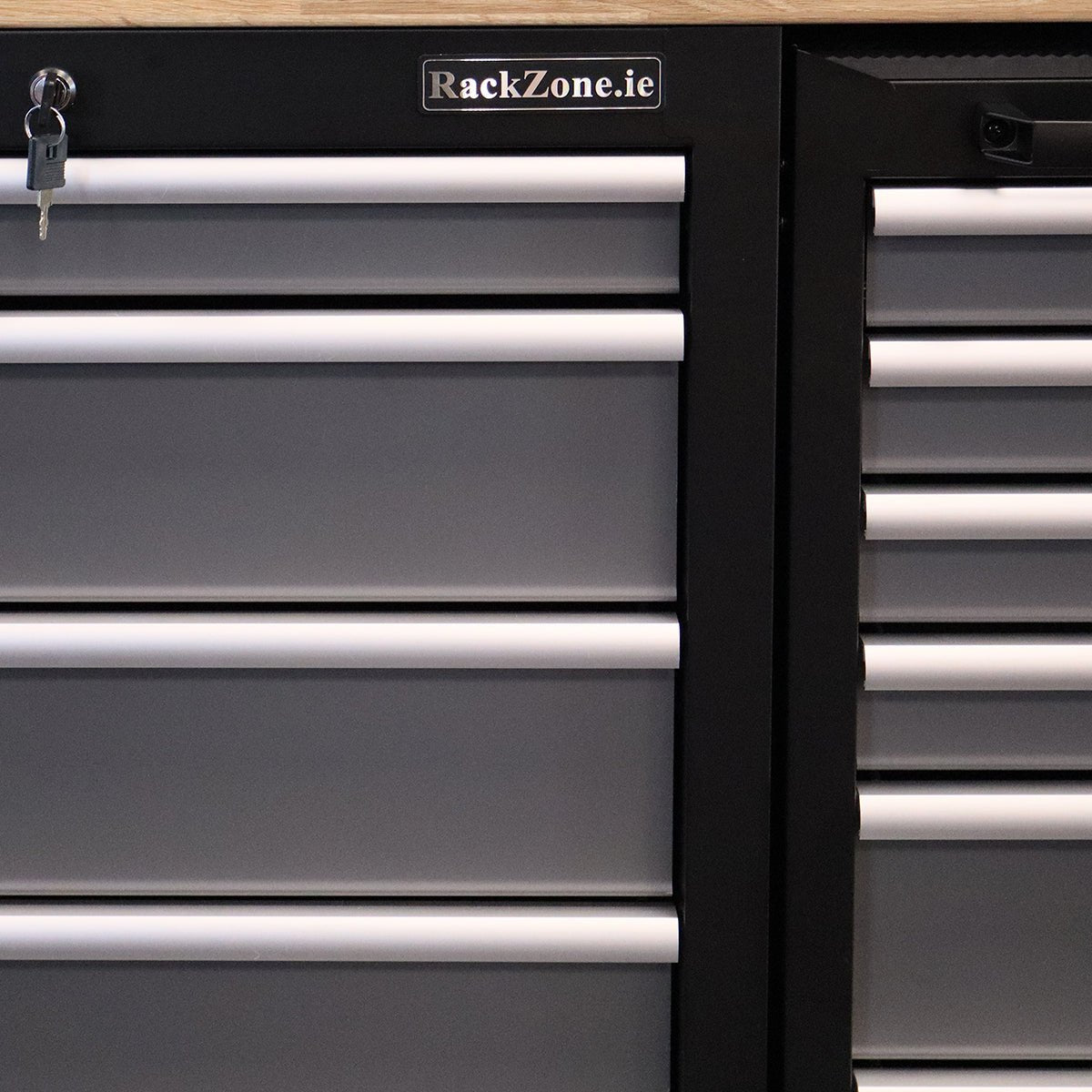 Close-up of Modular Workstation System 7 drawers by RackZone with label and lock.