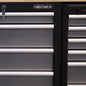 Close-up of Modular Workstation System 7 drawers by RackZone with label and lock.