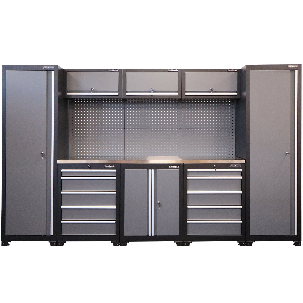 RackZone’s Modular Workstation System 8 offers cabinets, drawers, and pegboard.