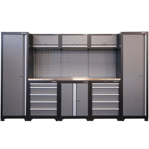 RackZone Modular Workstation System 8 with drawers, pegboard, stainless finish.