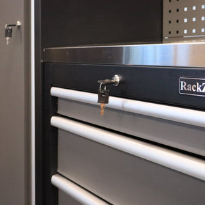 A key unlocks the RackZone Modular Workstation System 8 metal cabinet.