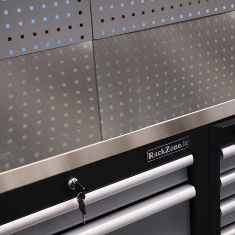Modular Workstation System 8 by RackZone with cabinets and perforated backsplashes.