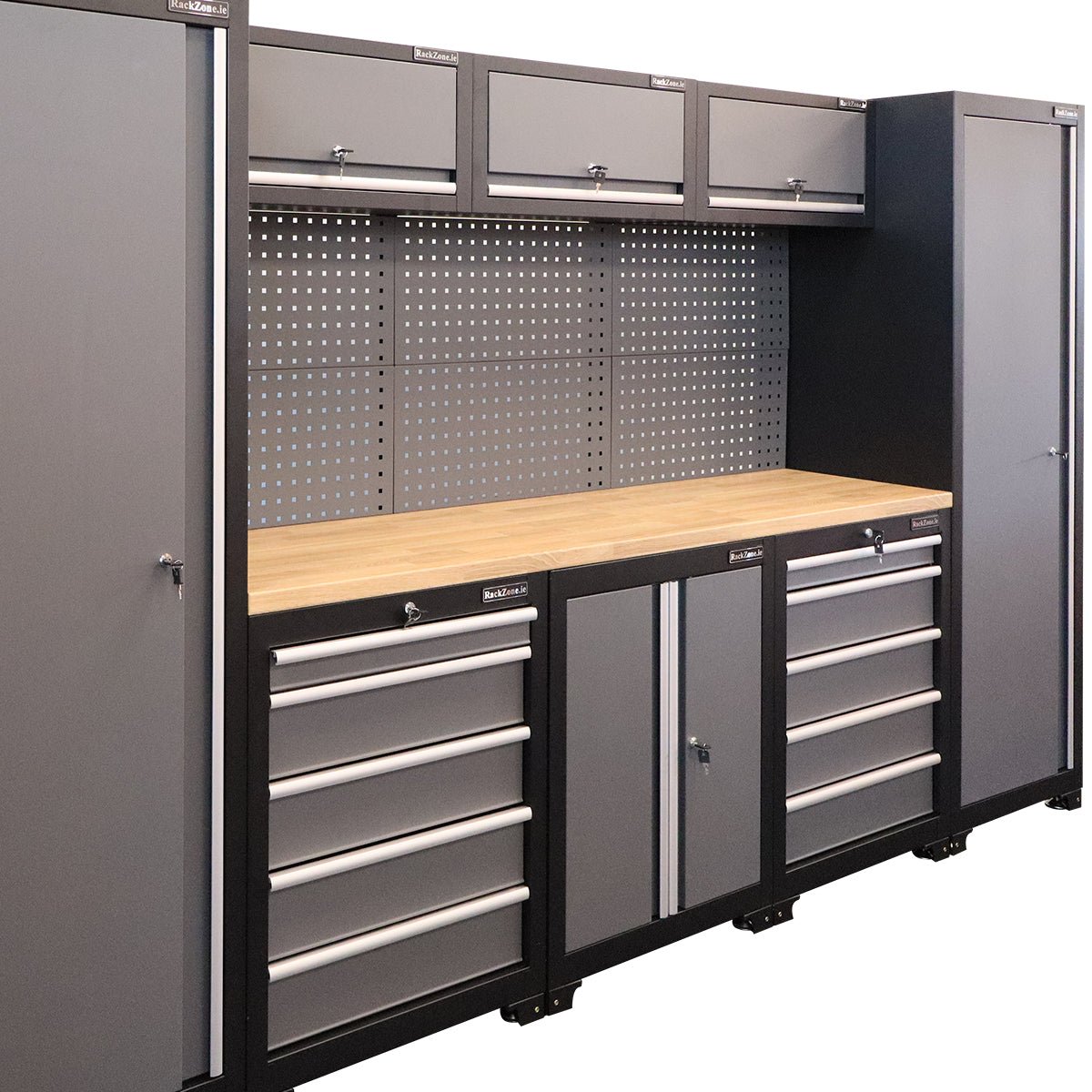 RackZone Modular Workstation System 8: gray cabinets, wood top, accessory kit.