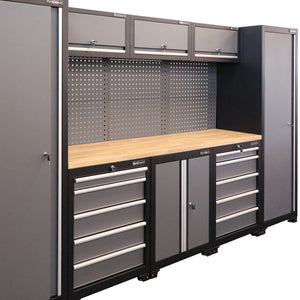 RackZone Modular Workstation System 8: gray cabinets, wood top, accessory kit.