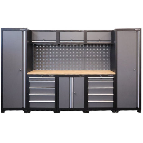 RackZone Modular Workstation System 8: gray/black cabinets with drawers and pegboard.
