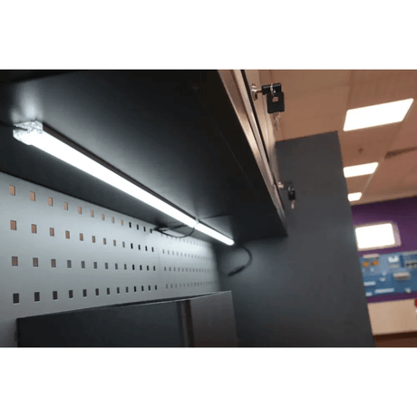RackZone Modular Workstation Accessory Kit with LED strip above perforated panel.