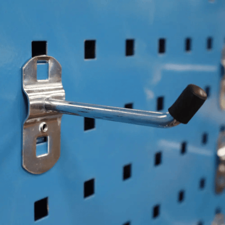 RackZone Modular Workstation Accessory Kit: metal hook on blue pegboard.