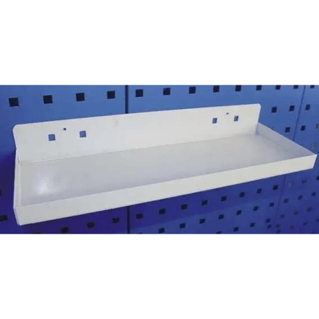 RackZone Modular Workstation Kit: white metal tool shelf for blue panel walls.
