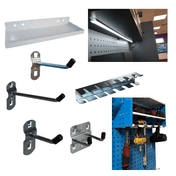 RackZone Modular Workstation Kit with shelves, tool storage, and pegboard hooks.