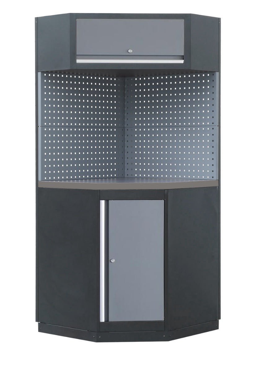 RackZone Modular Workstation Corner System with adjustable feet and vented back.