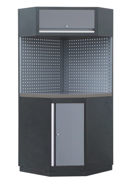 RackZone Modular Workstation Corner System with adjustable feet and vented back.