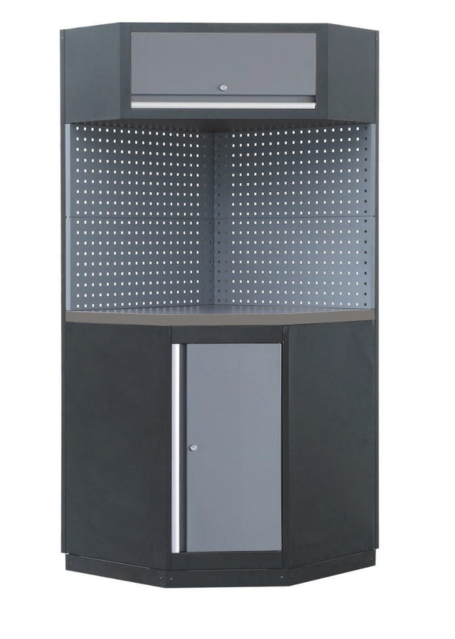 RackZone Modular Workstation Corner System with adjustable feet and vented back.