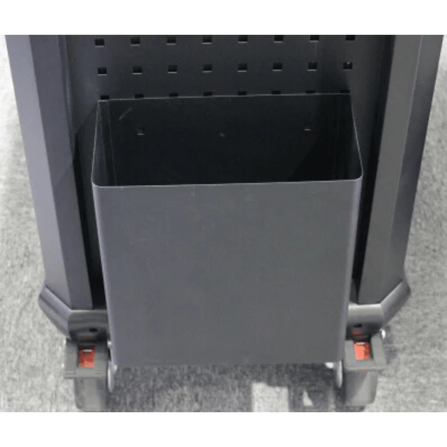 RackZone DUSTBIN 270x180x300 hooks to modular frame with wheels on carpet.