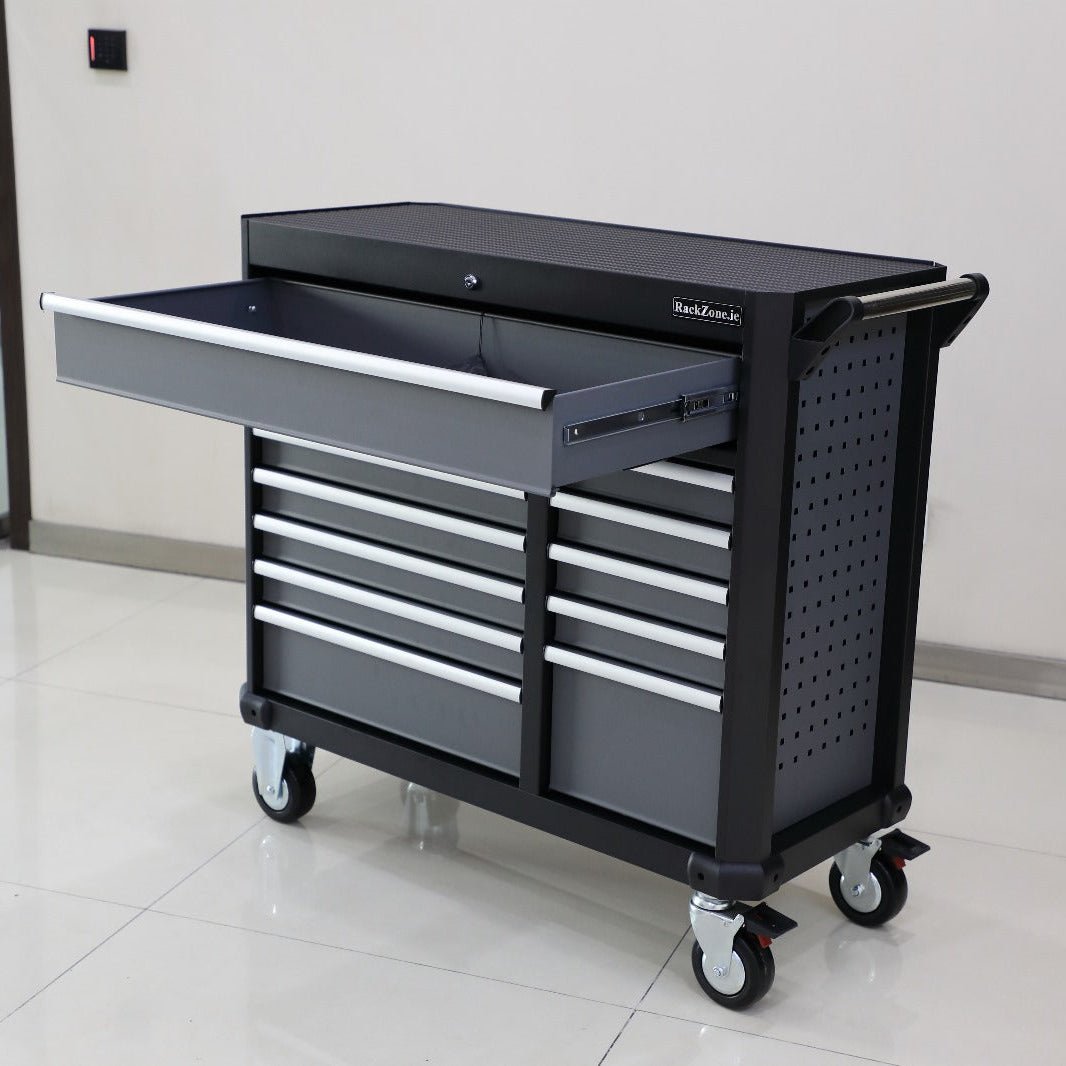 RackZone 12 Drawer Industrial Cabinet with castors, perfect for garage storage.