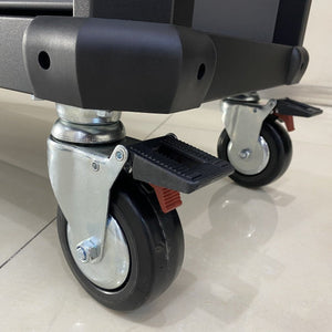 Close-up of two black castors on RackZone’s 12 Drawer Industrial Cabinet.