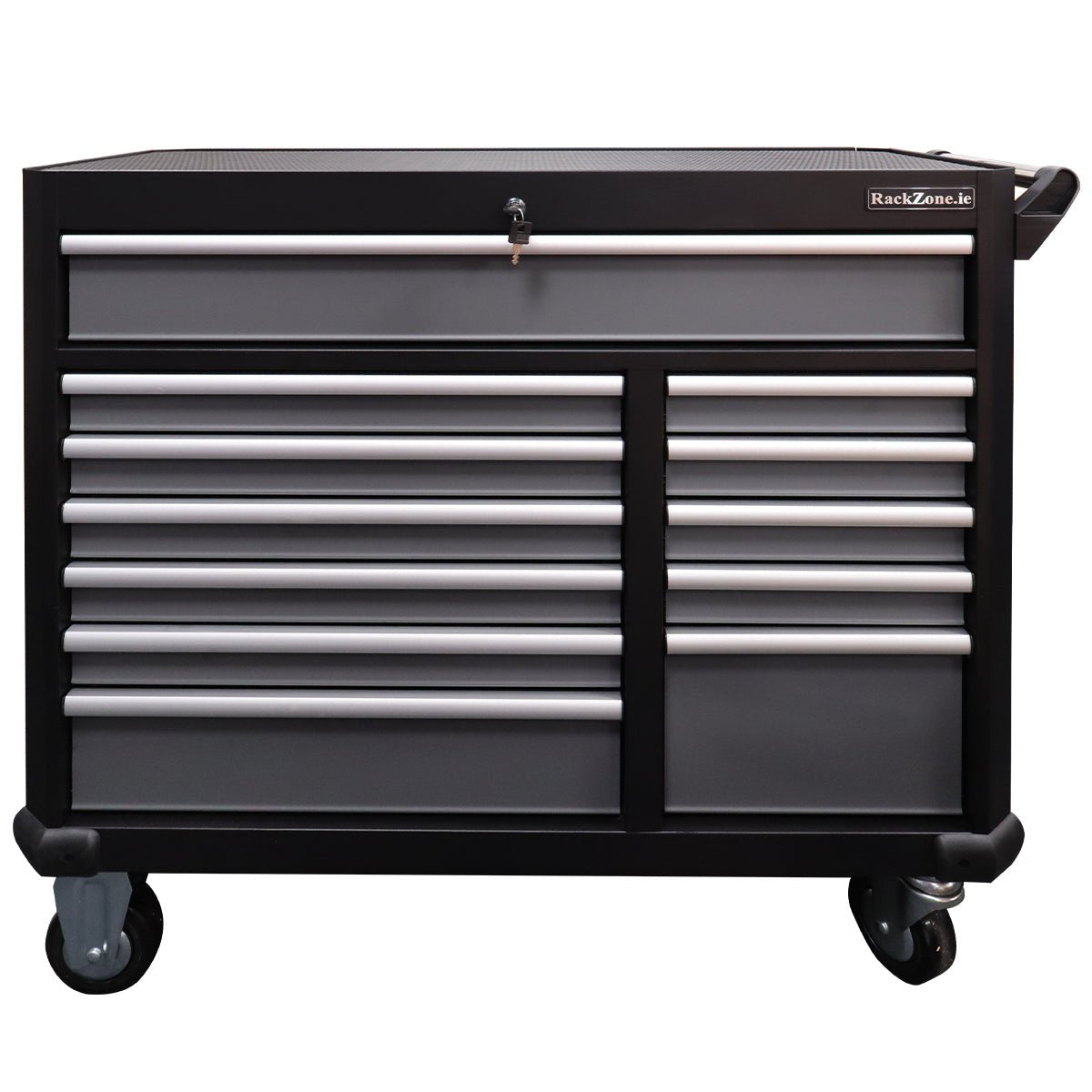 RackZone 12 Drawer Industrial Cabinet with lockable top, black & gray steel.
