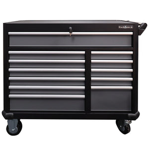 RackZone 12 Drawer Industrial Cabinet with lockable top, black & gray steel.