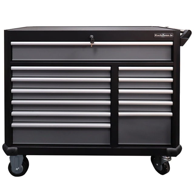 RackZone 12 Drawer Industrial Cabinet with lockable top, black & gray steel.